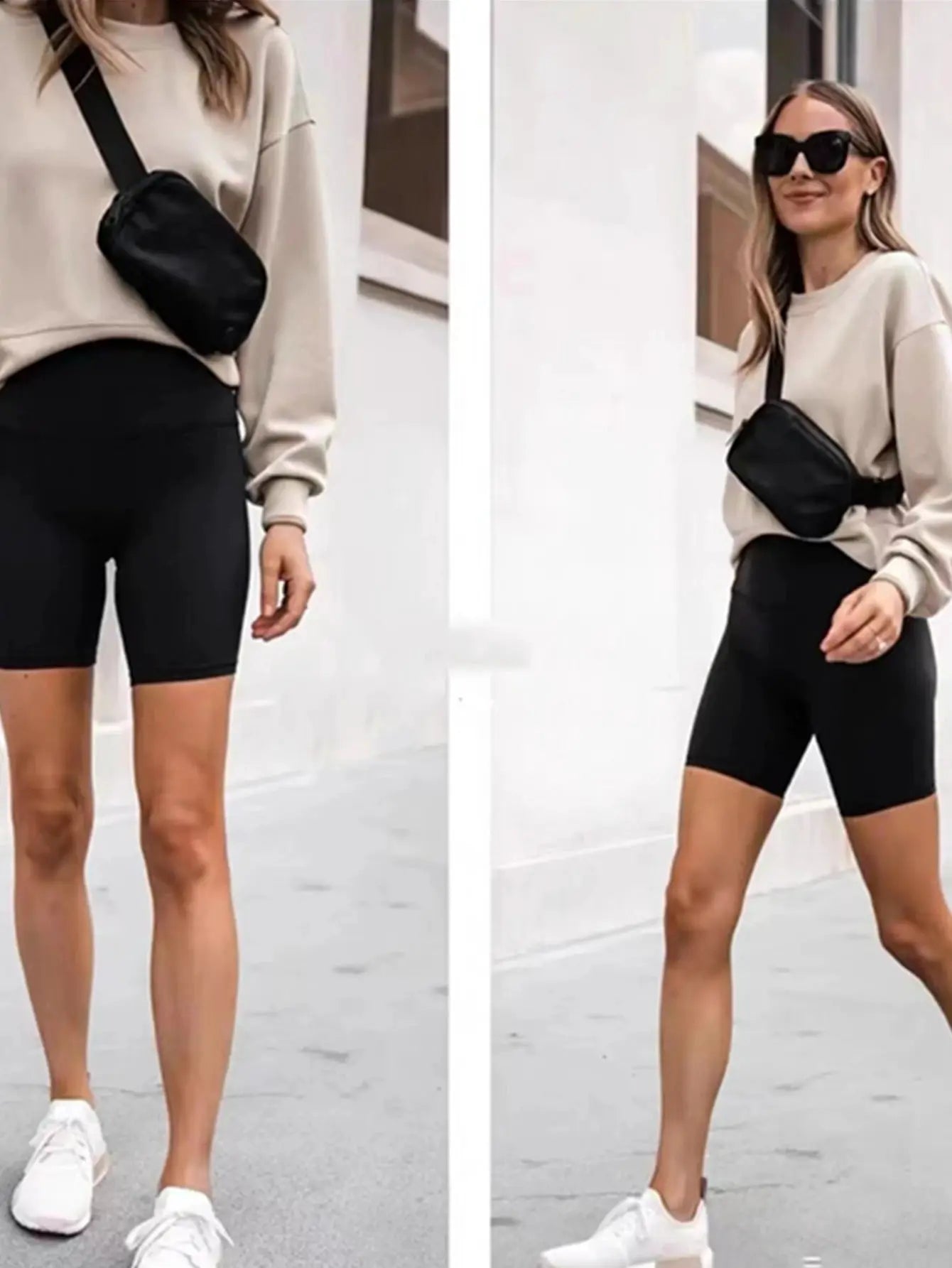 Sport waist bag running belt in black, crossbody waterproof design; shown in 2 views.
