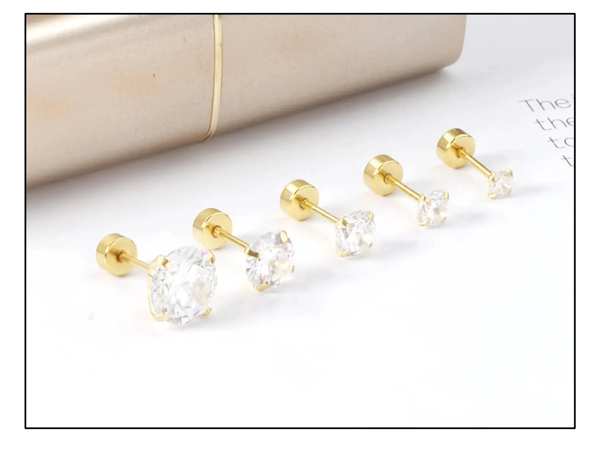Gold-tone stainless steel crystal cubic zirconia stud earrings set, 4-prong round stones (multiple pairs)