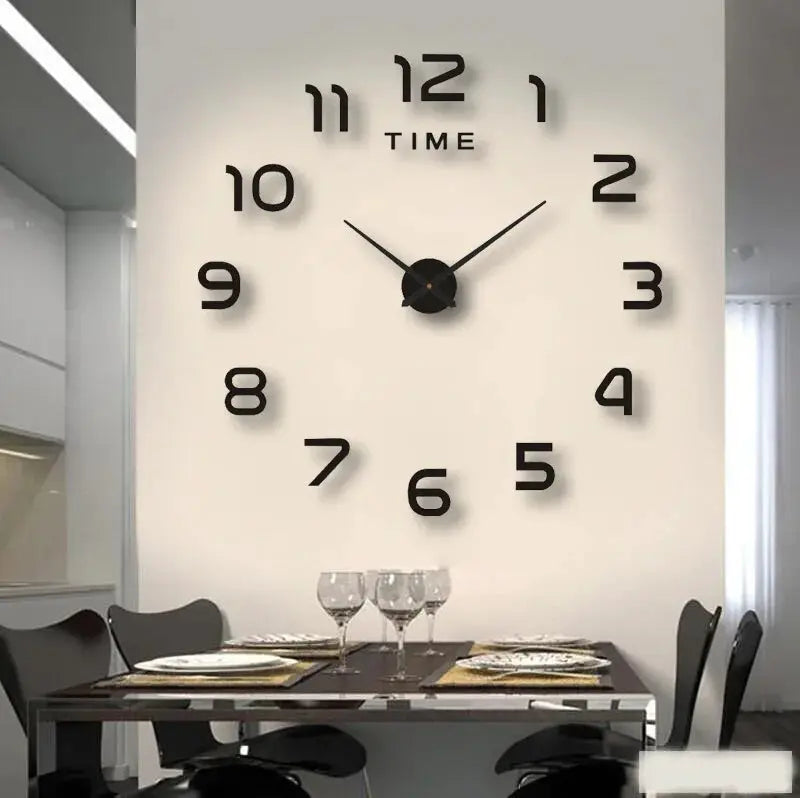 Large wall clock with oversized black 3D numerals and minimalist hands mounted on a white wall above a dining table.