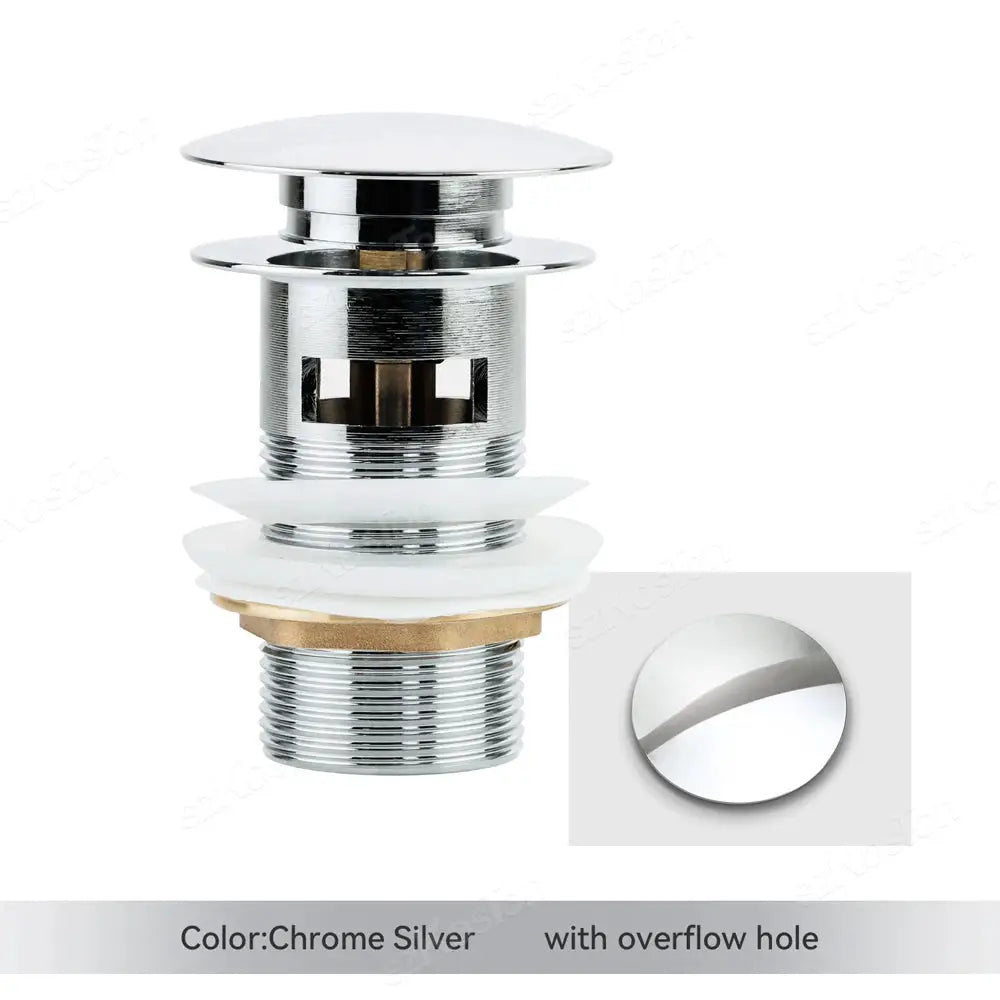 Simples Market chrome silver pop-up drain button for bathroom sink with overflow hole.