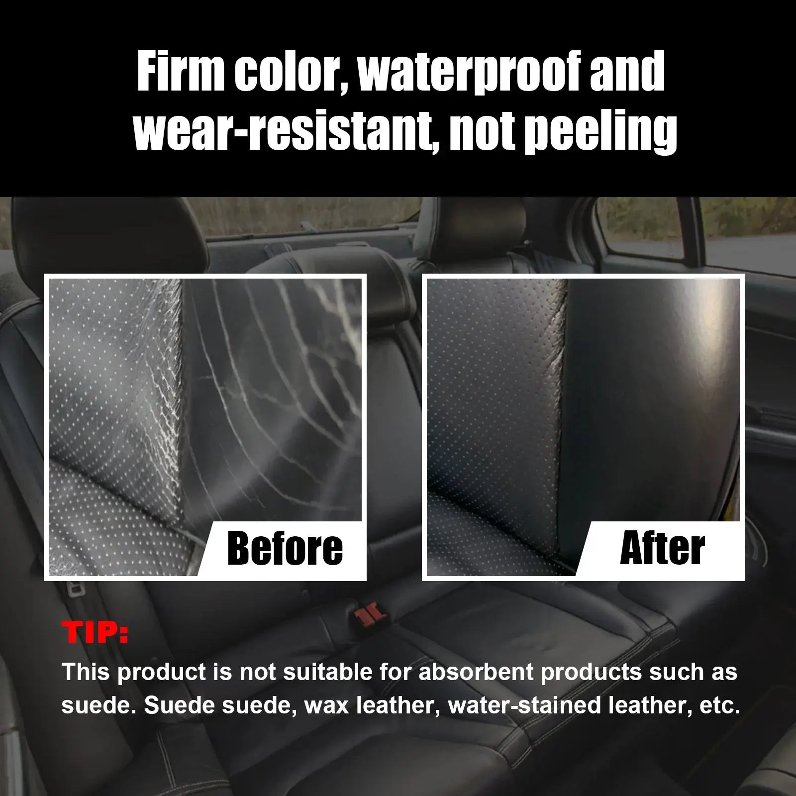 Simples Market 20ml car leather repair paste kit for black car seats; before/after panels show scratch and crack restoration.