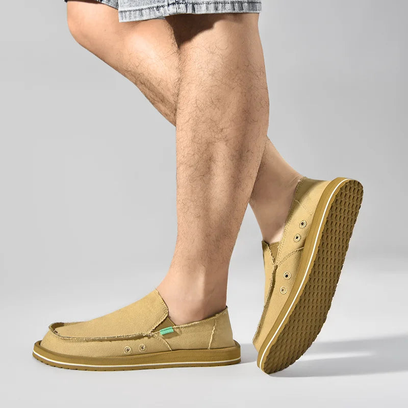 Men's tan canvas loafers, breathable low-top driving shoes, Simples Market