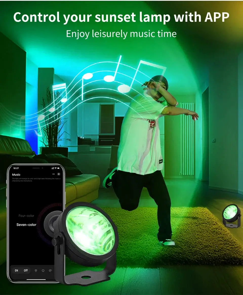 Smart Sunset Lamp RGB projector light; USB-powered, Tuya Smart Life app controlled; two lamps lighting a living room.