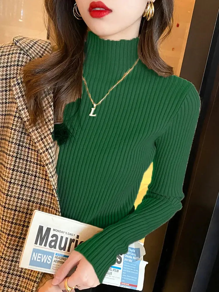Elegant Solid Basic Knitted Turtleneck Sweater For Women Long Sleeve Slim Casual Pullover Korean Fashion Chic