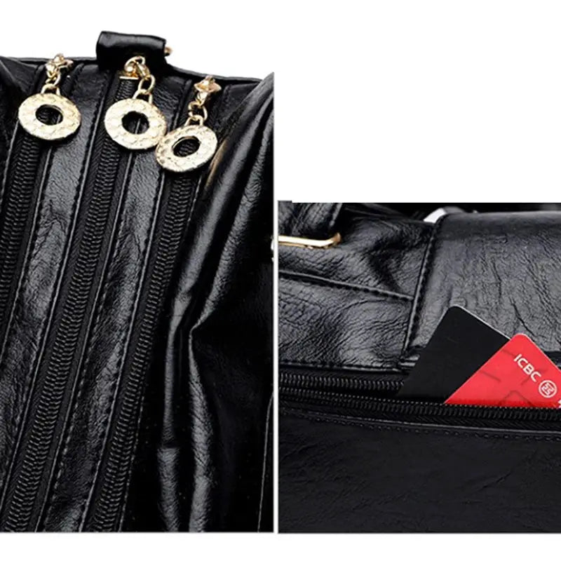 Women's black leather multi-layer top-handle bag with gold zipper pulls and a card visible in exterior pocket