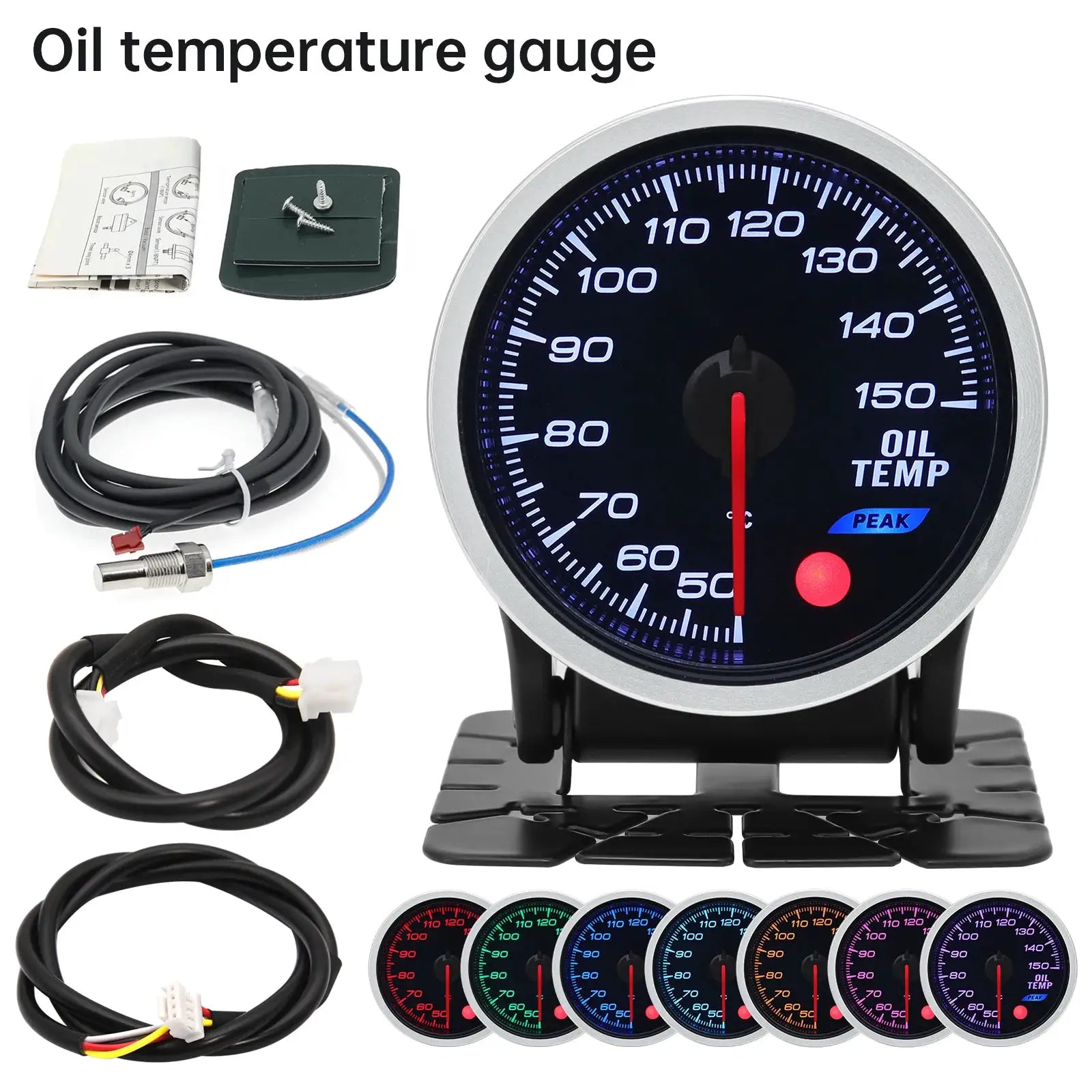Oil pressure and temperature gauge kit, 52mm, 12V, 8-color LED faces, wiring harnesses; Simples Market
