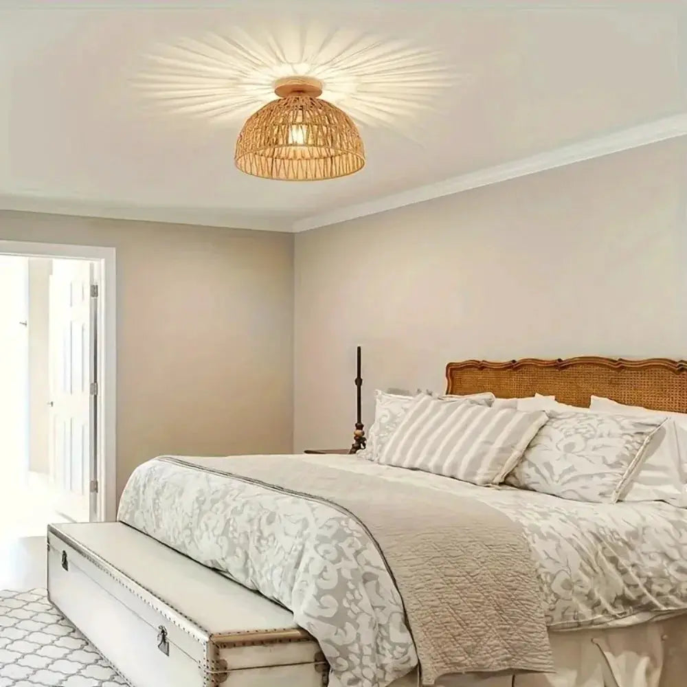 Simples Market E27 natural hand-woven wicker ceiling lamp with beige rustic shade