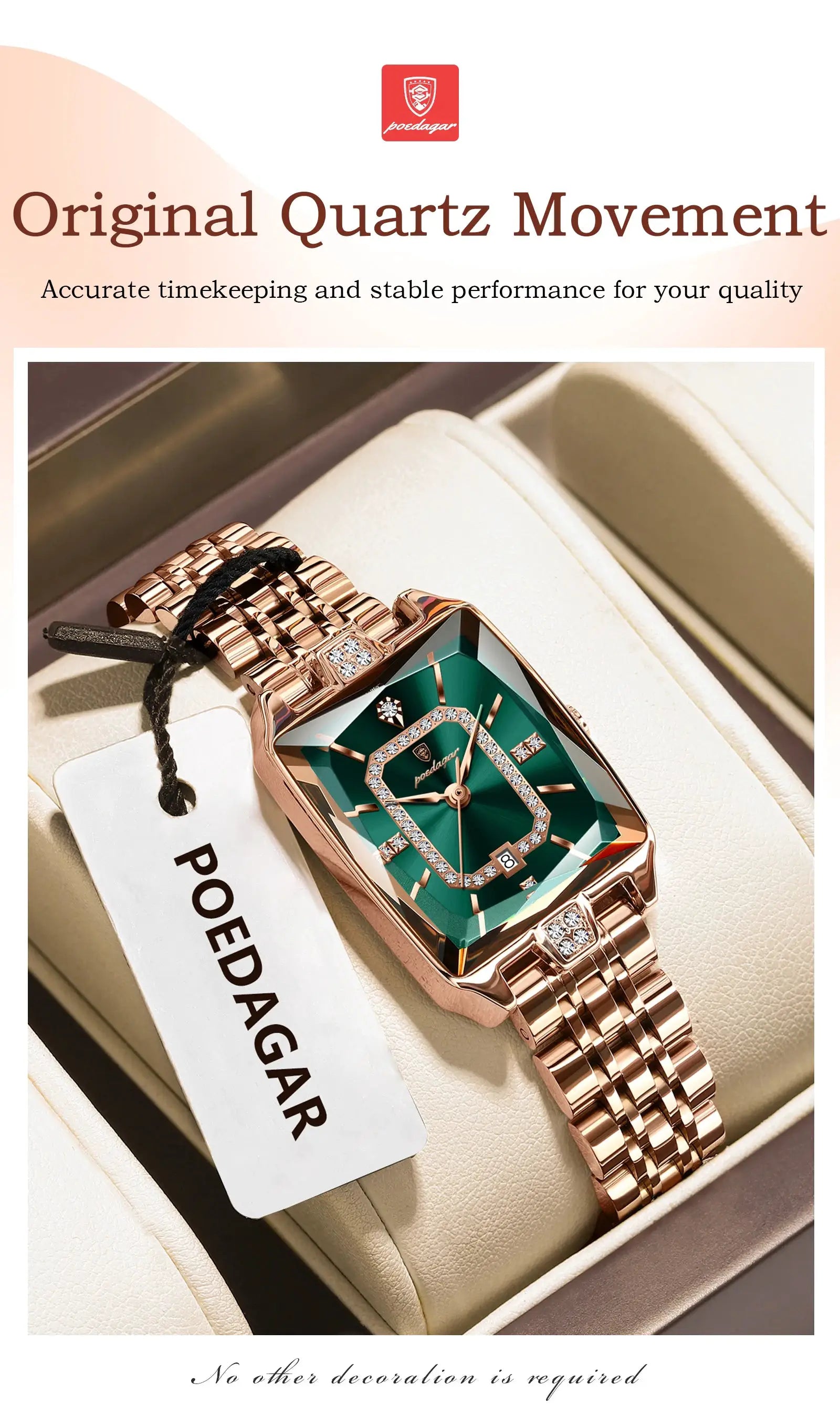 Poedagar luxury women's wristwatch; rose-gold stainless steel band, emerald green dial, diamond bezel