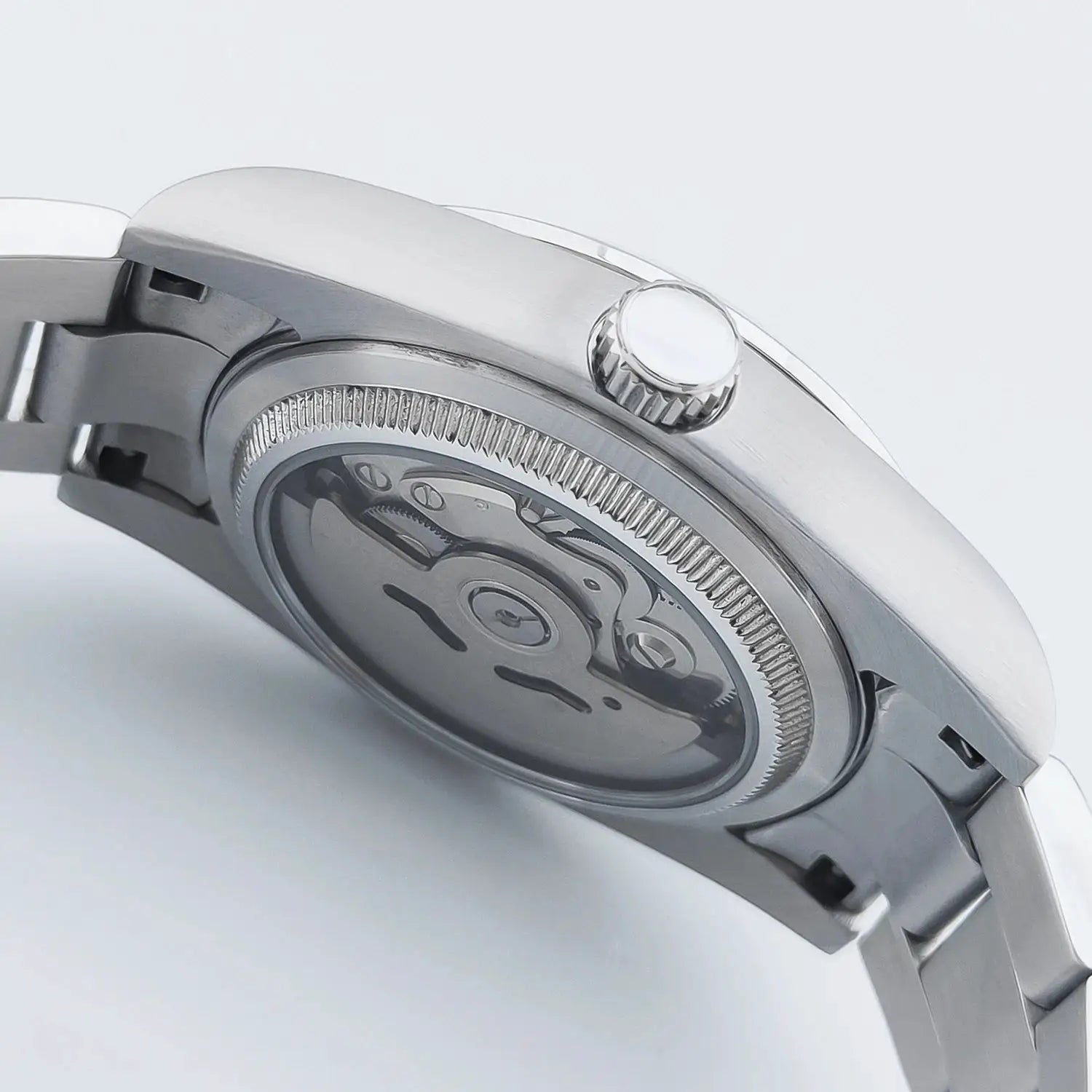Men's stainless steel Corgeut automatic wristwatch with transparent caseback showing movement