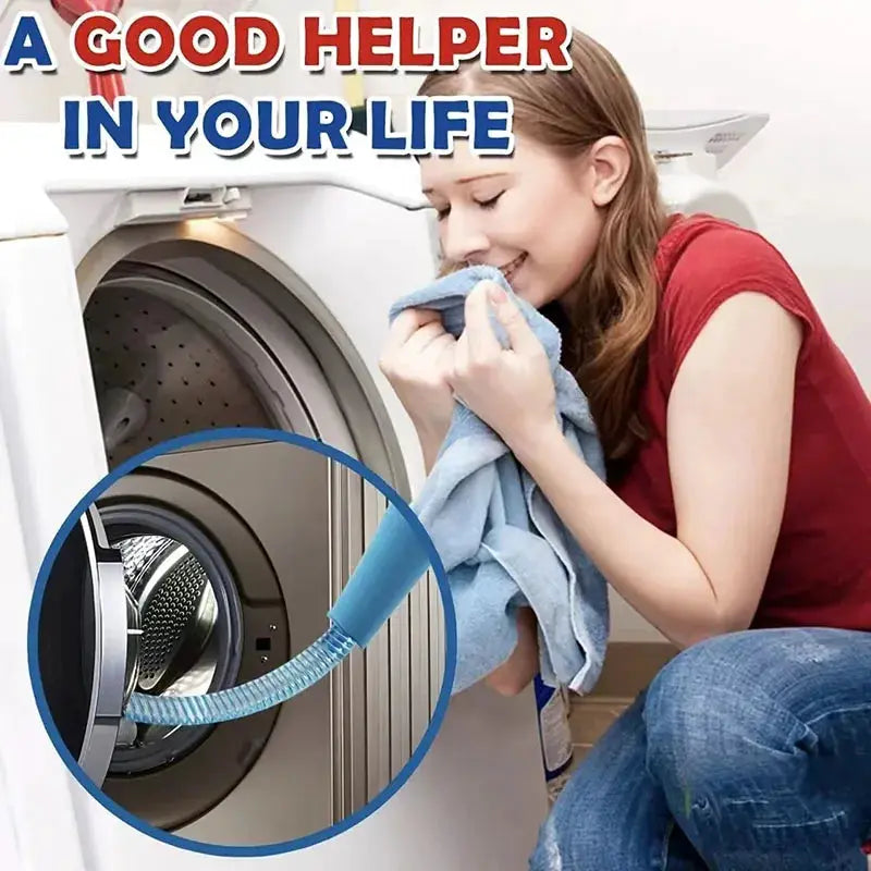 Blue bendable dryer vent cleaning hose attached to a front-loading dryer for lint removal