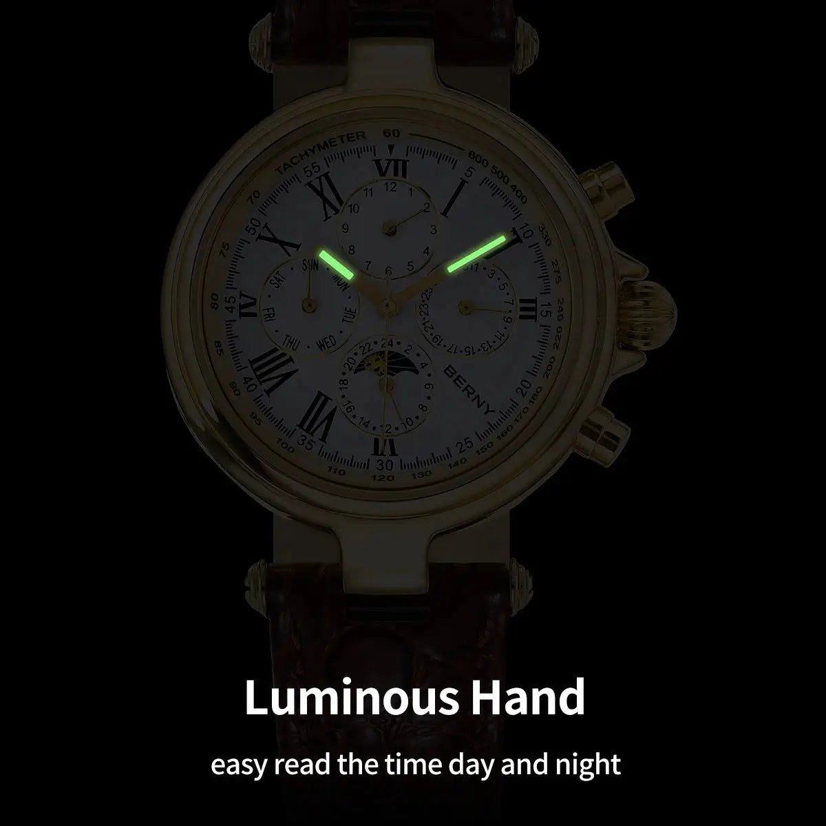 BERNY Retro Automatic Men's Watch with sun & moon phase, luminous green hands, gold-tone case and brown leather strap