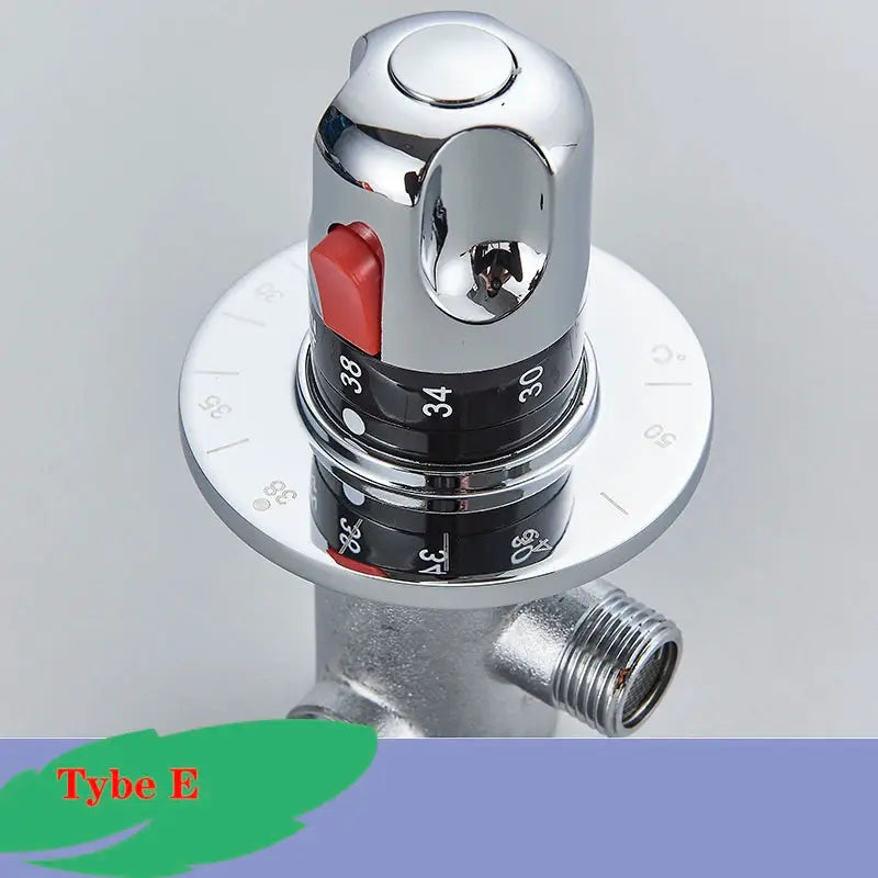 Chrome-plated brass thermostatic mixing valve for a shower faucet, with red lever and numbered temperature dial