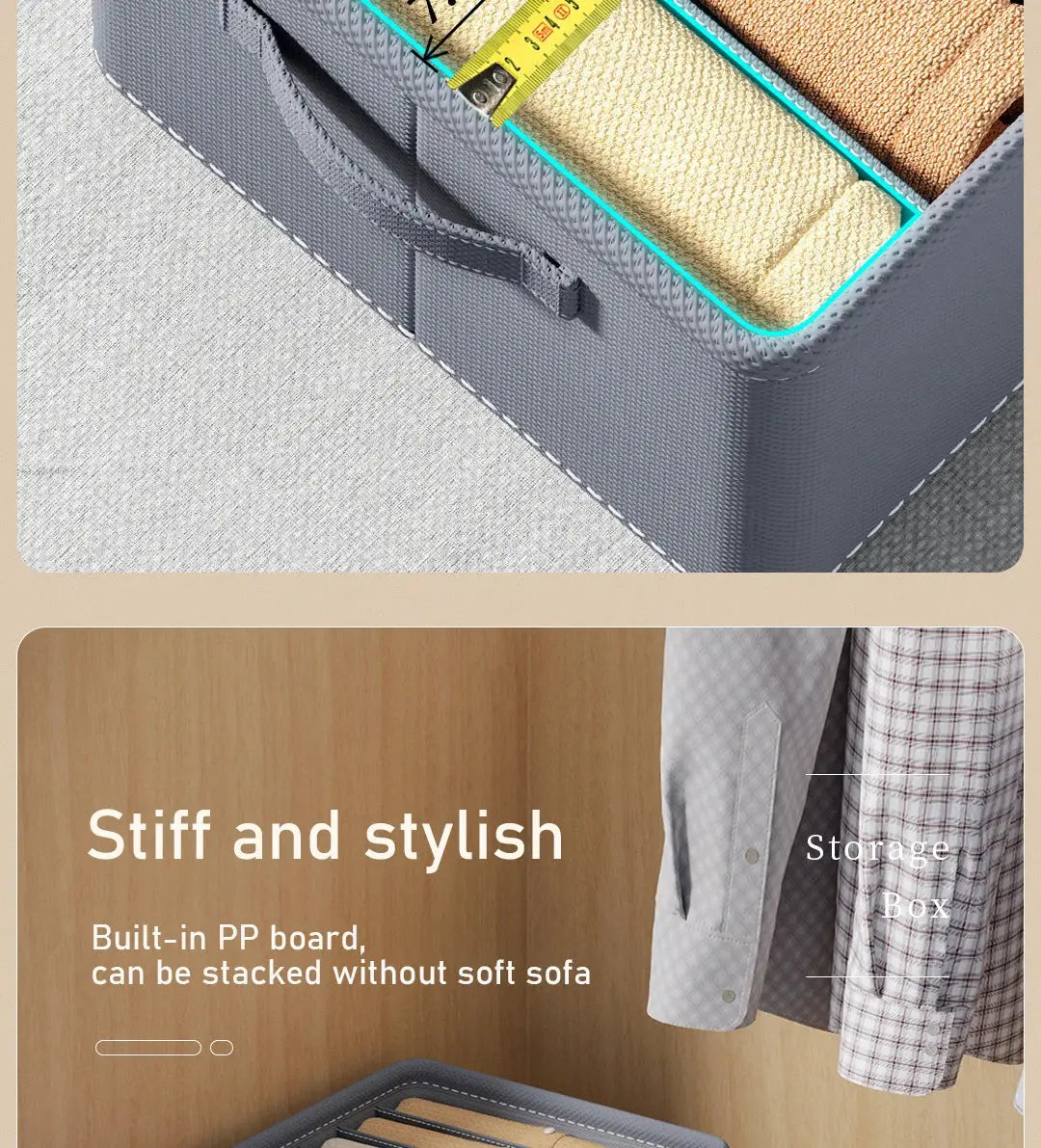 Gray fabric storage box with 9/7/6 grid foldable compartments and built-in PP board for jeans, sweatshirts and shirts.
