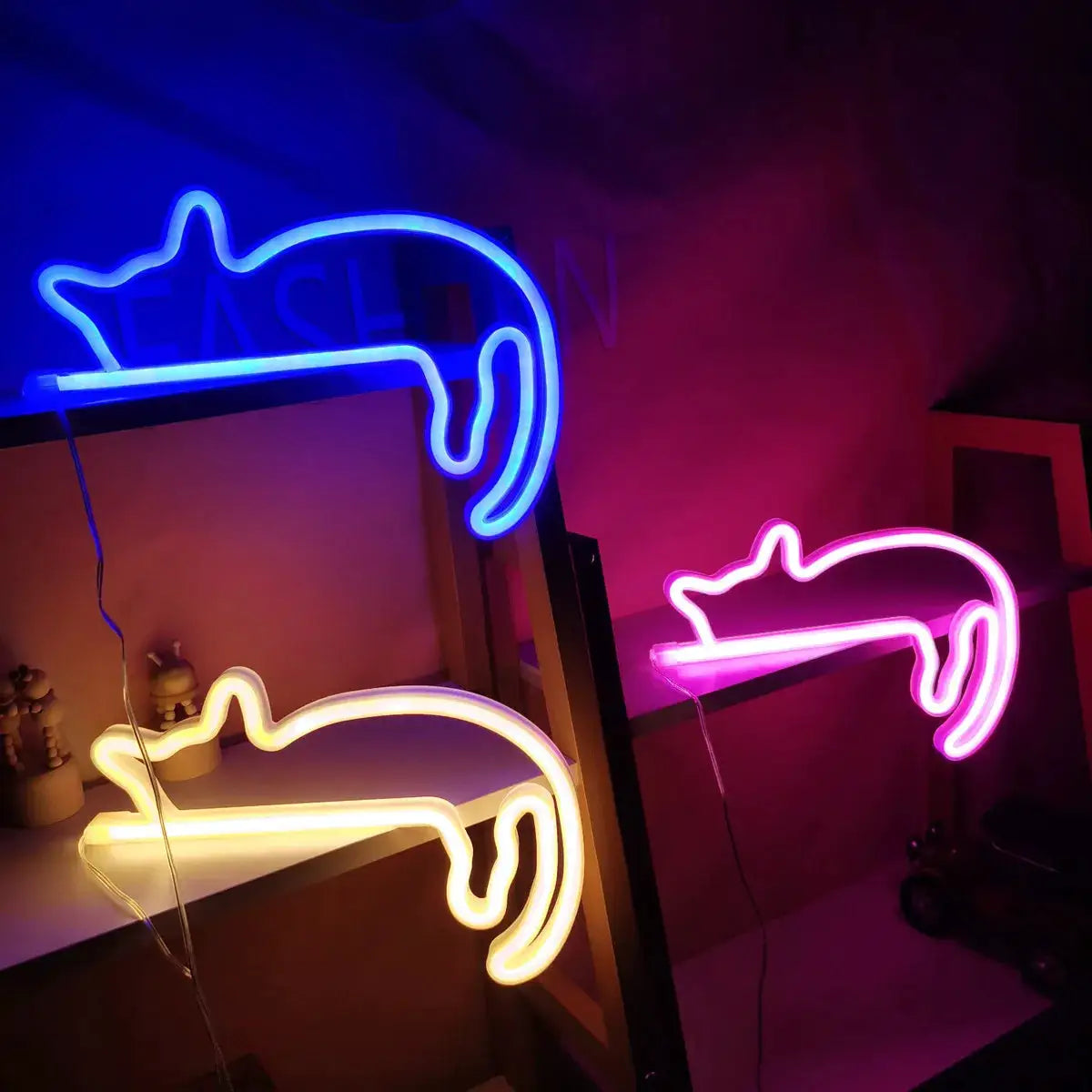 Cat neon signs set by Simples Market; three LED wall decor cats in blue, yellow and pink with USB power.