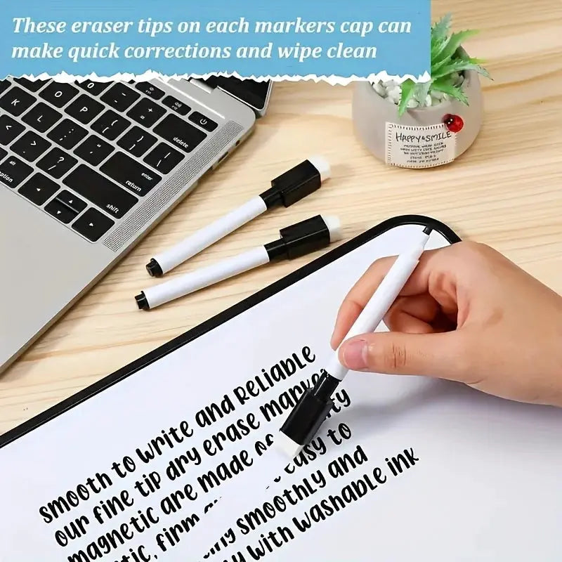 Erasable whiteboard markers set, 10-piece with built-in erasers, white bodies and black caps.