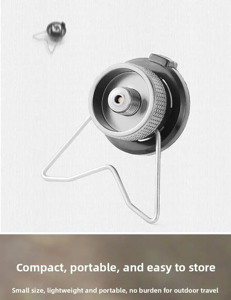 Simples Market silver metal butane adapter with bracket for camping stoves, screw valve output nozzle.