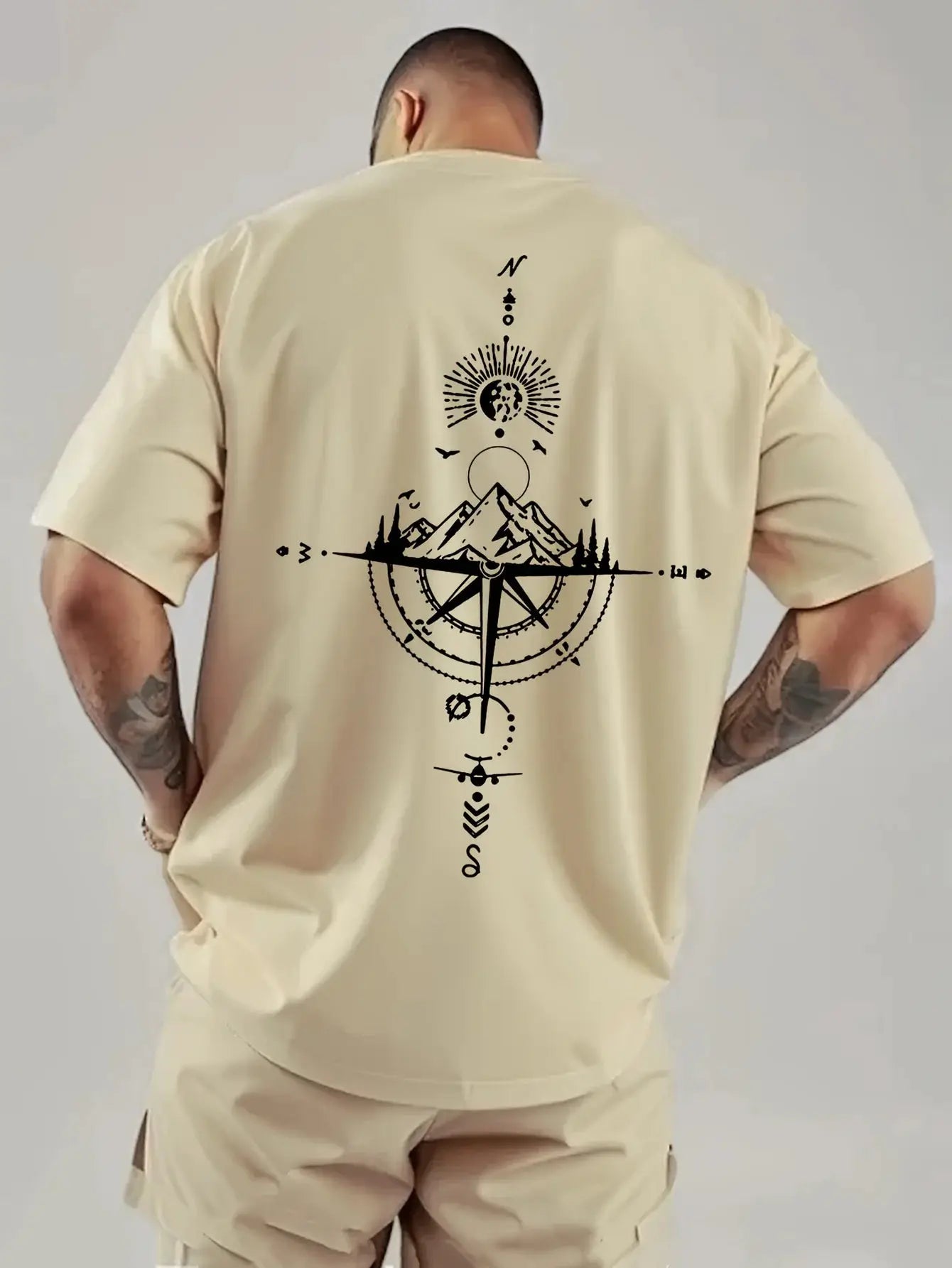 Mens 100 Percent Cotton Summer Casual T Shirt Loose Oversized Retro Compass Print Round Neck Short Sleeve