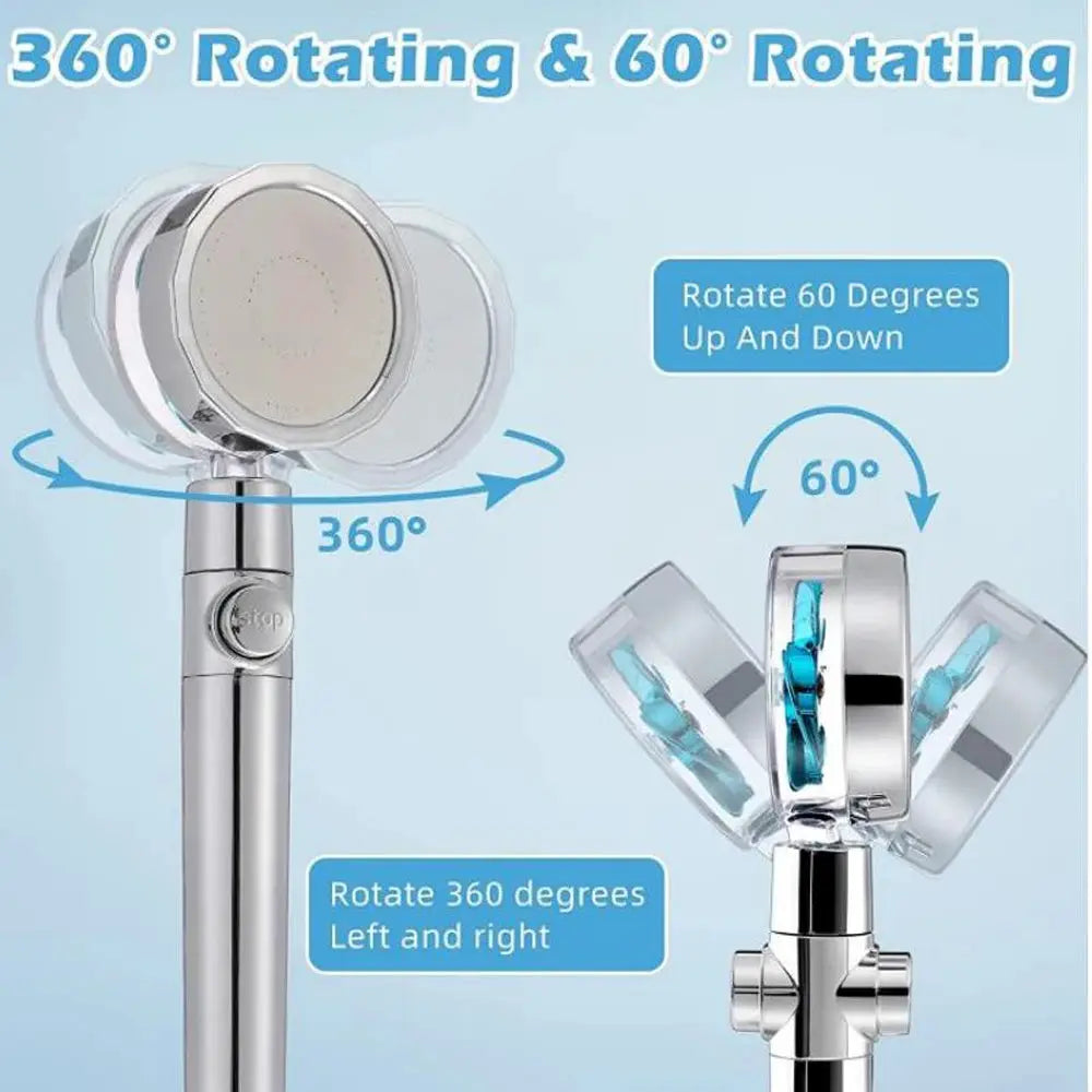 Simples Market high-pressure handheld shower head with one-click stop, 360° and 60° rotation, and built-in filters
