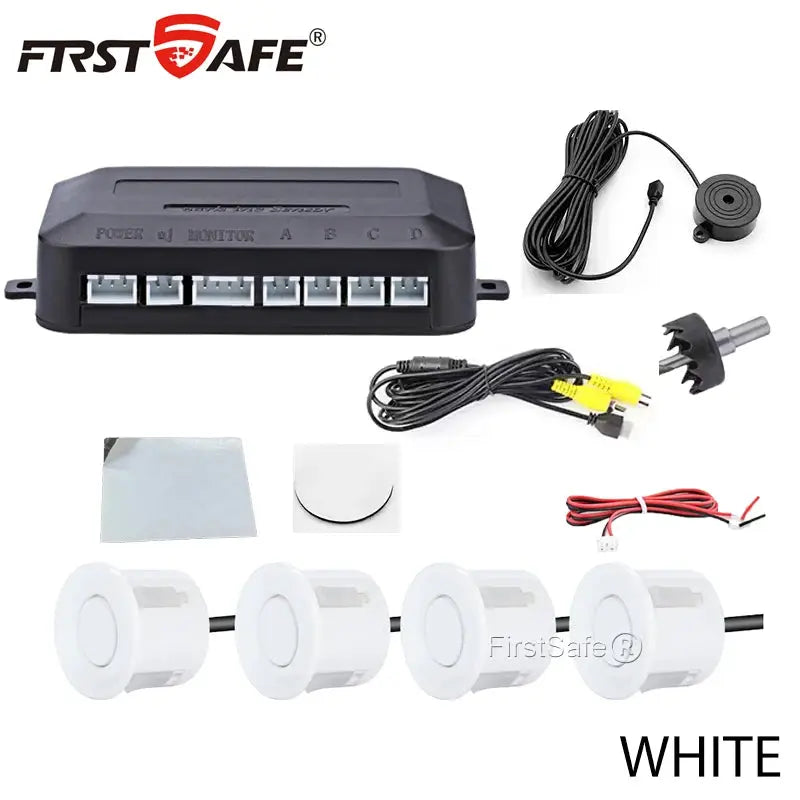 FirstSafe white 4-sensor car rear parking radar system with control module and wiring