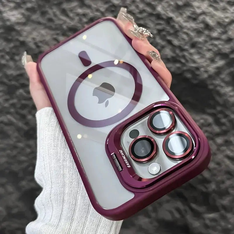 LuxGuard Luxury Magnetic Shockproof Phone Case for iPhone 11 to 16 Pro Max with Stand and Lens Protection