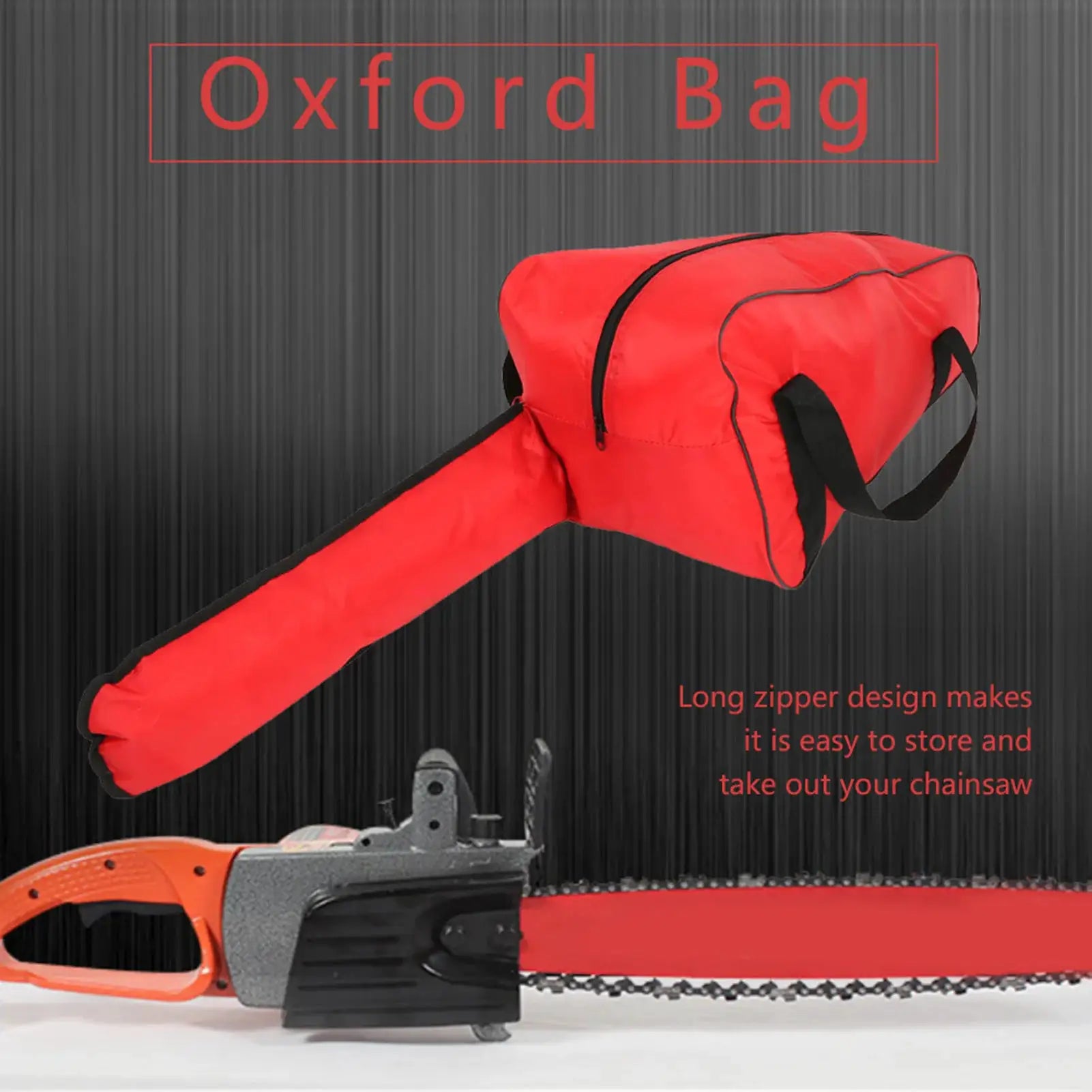 Chainsaw bag, red waterproof Oxford cloth with long zipper and black handles for loggers' chainsaws.