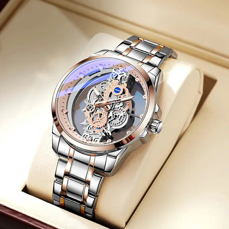 Men's skeleton automatic wristwatch by Simples Market, two-tone gold and silver bracelet with rose-gold bezel