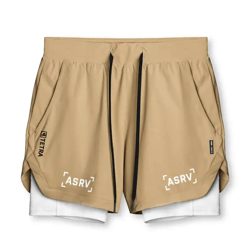 ASRV men's quick-dry 2-in-1 shorts in tan with black drawstrings and white inner layer