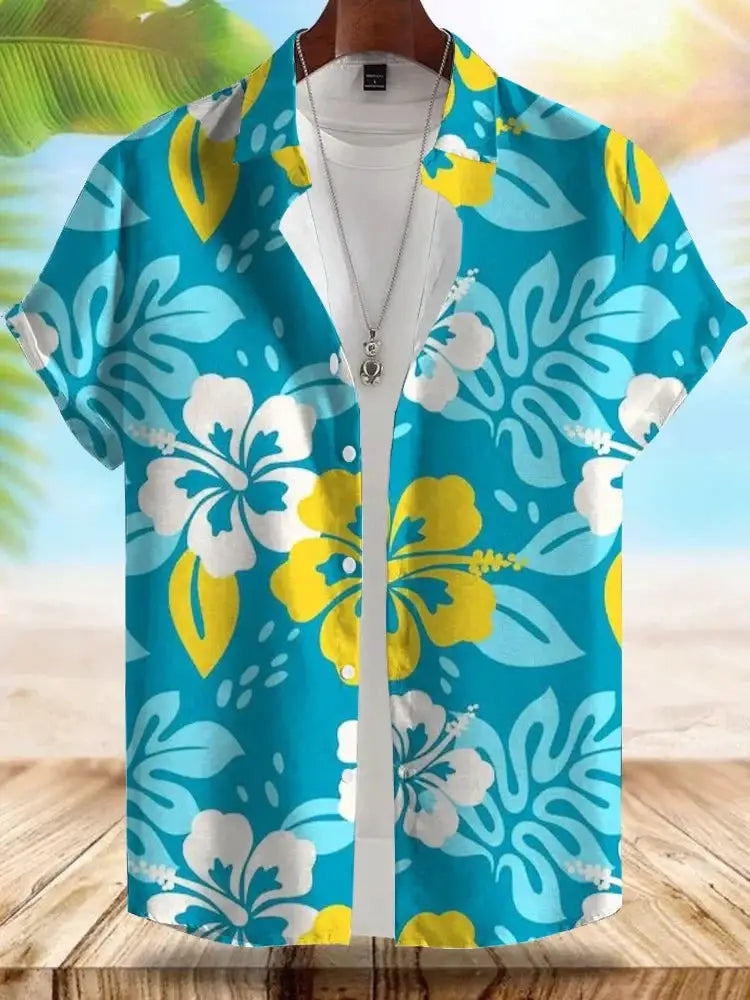 Seaside Hawaiian Style Men's Shirt; blue tropical hibiscus print, short-sleeve