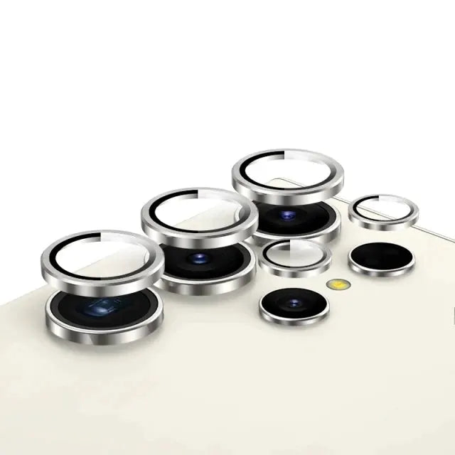 Six silver camera lens rings set for Samsung Galaxy rear cameras.