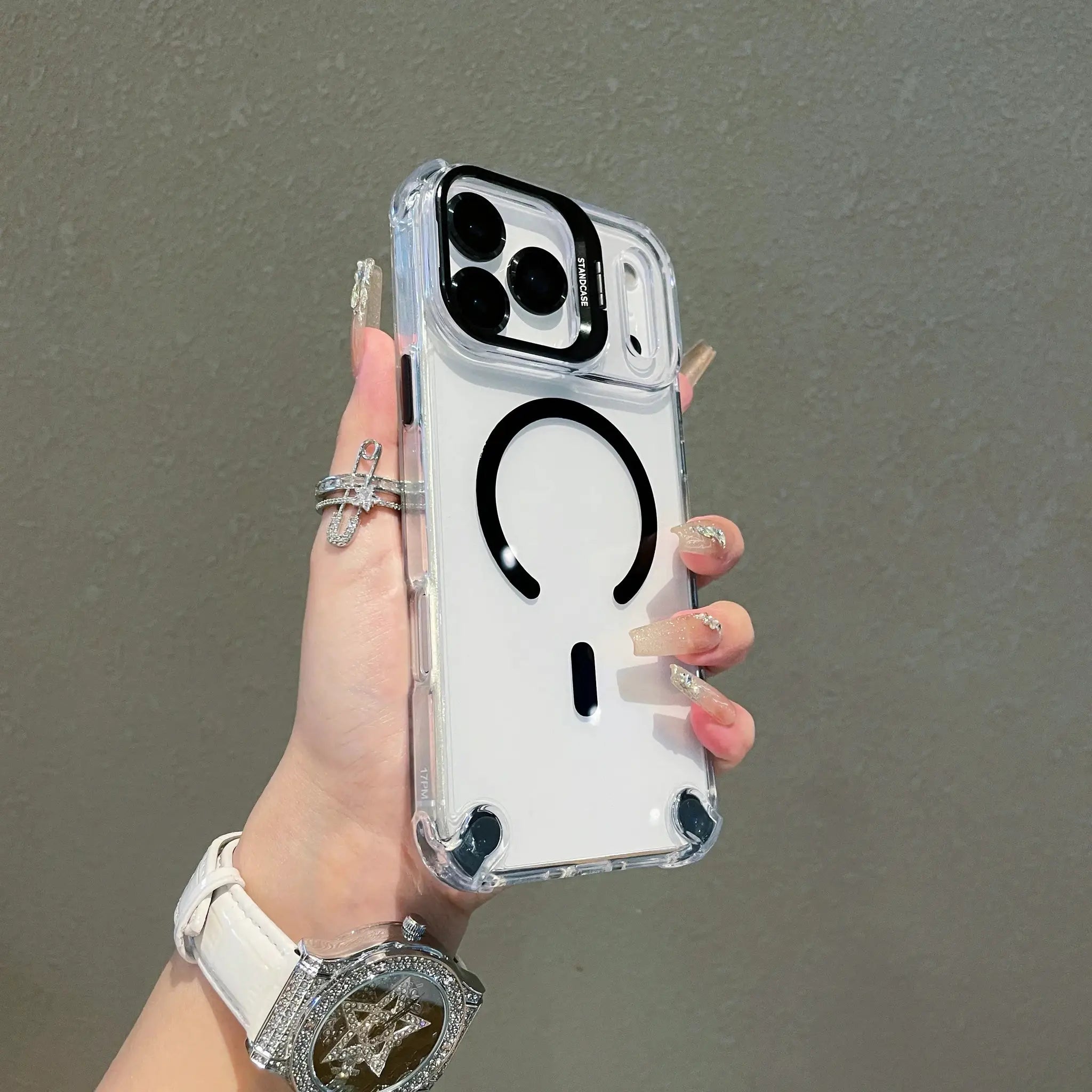 Clear MagSafe shockproof phone case by Simples Market for iPhone 12–17 Pro/Max with glass lens protection