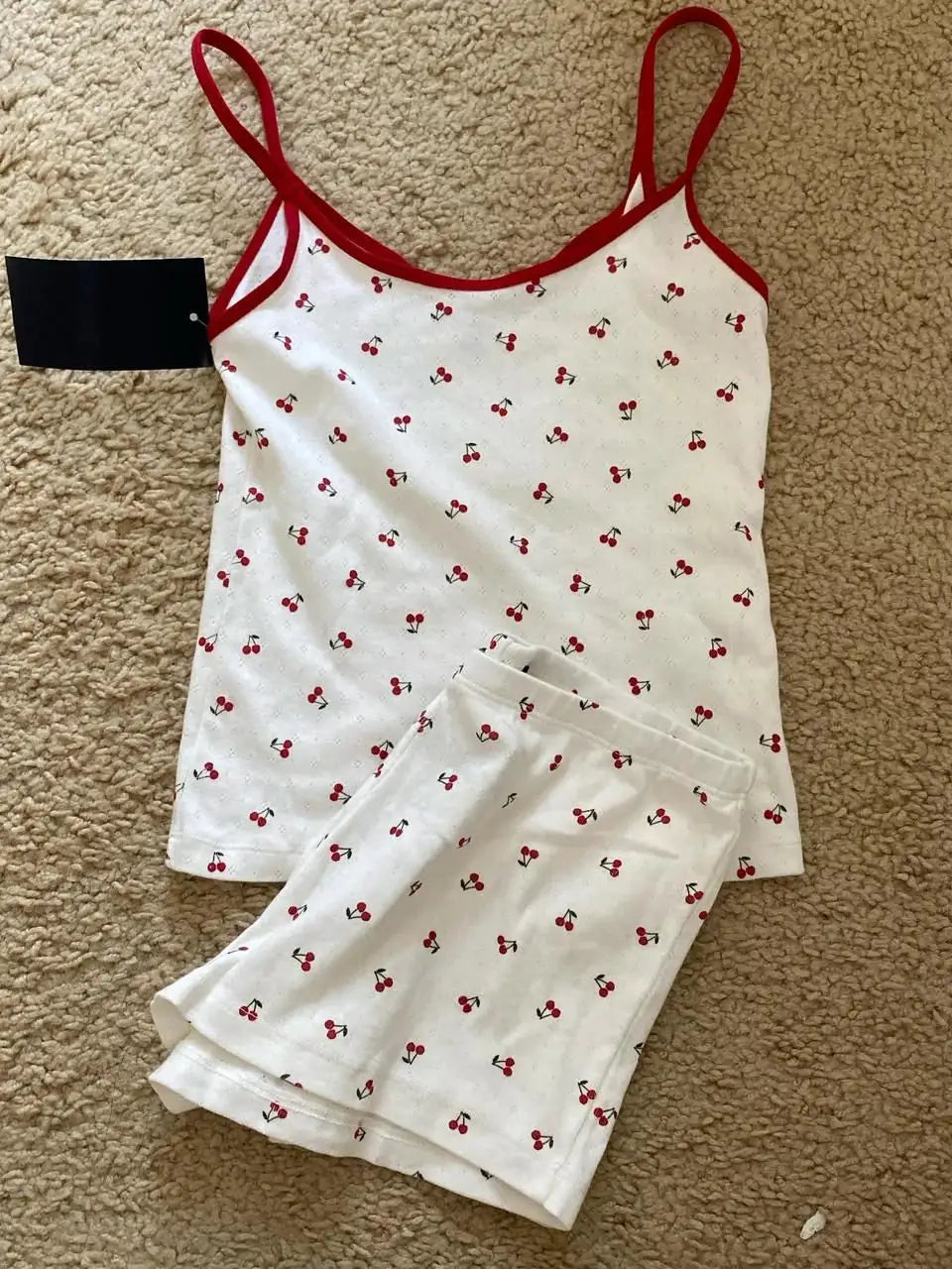 Strawberry Print Vest And Shorts Set For Women Eyelet Bow Tank Top