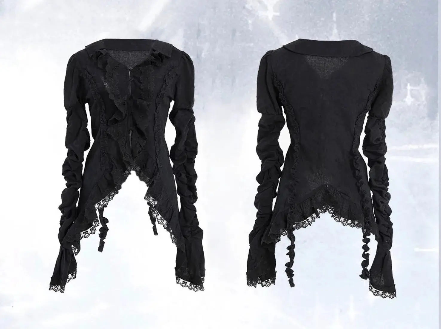 Karrcat Gothic black lace shirt Simples Market with irregular lace-trim hem and ruched sleeves (front and back views)