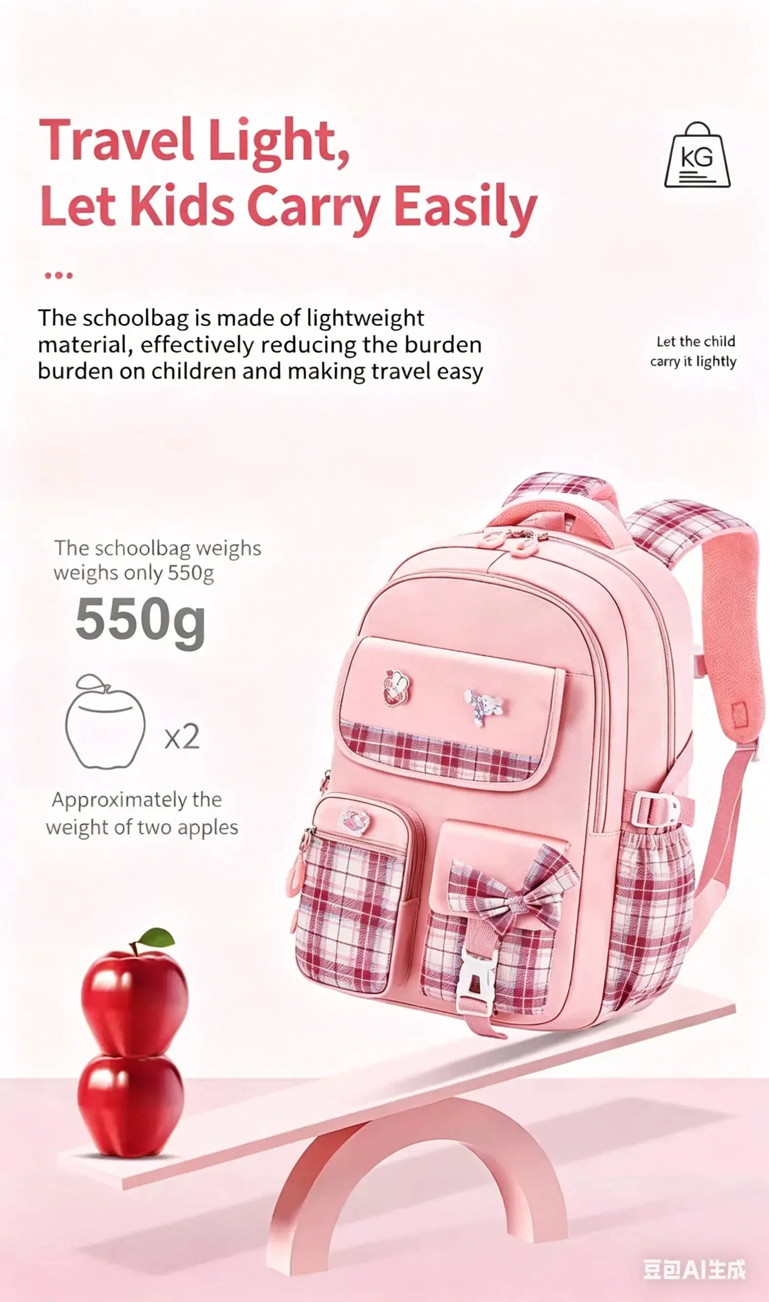 Girls' pink school backpack with plaid pockets, lightweight and large capacity
