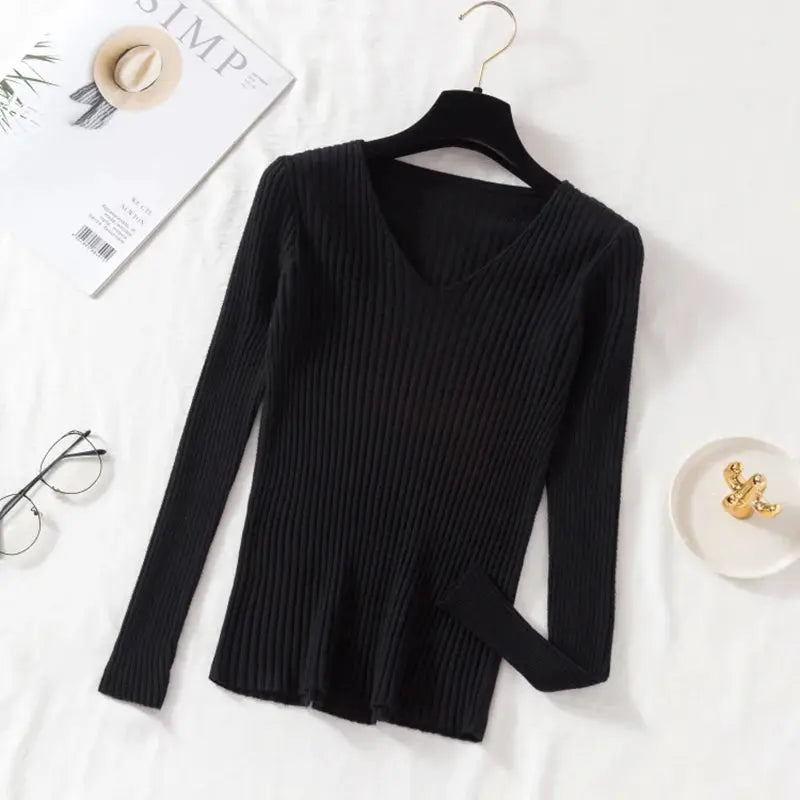 CozyWear Autumn Winter Women Knit V Neck Pullover Sweater Cotton Polyester Blend With High Stretch