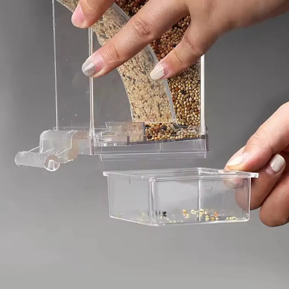 Parrot feeder, clear plastic anti-spill bird food box with detachable tray
