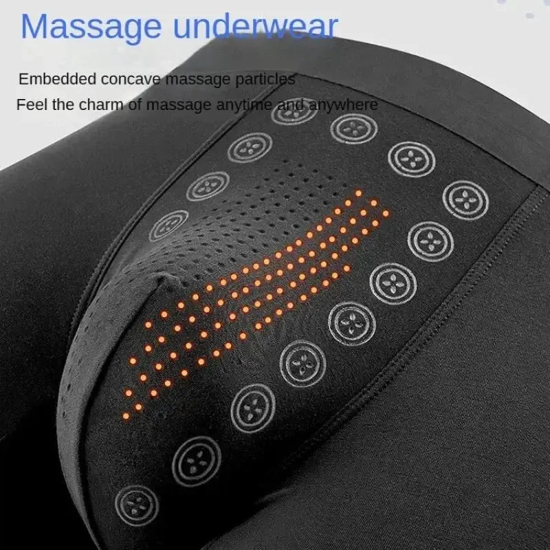Men’s black boxer shorts with orange massage-dots panel and mid-waist non-marking design
