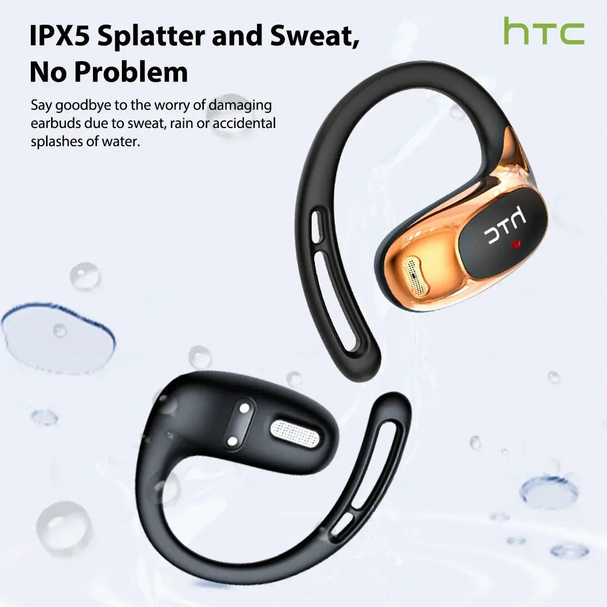 HTC NE35 Bluetooth earphones; pair of black and copper wireless sport neckband headphones