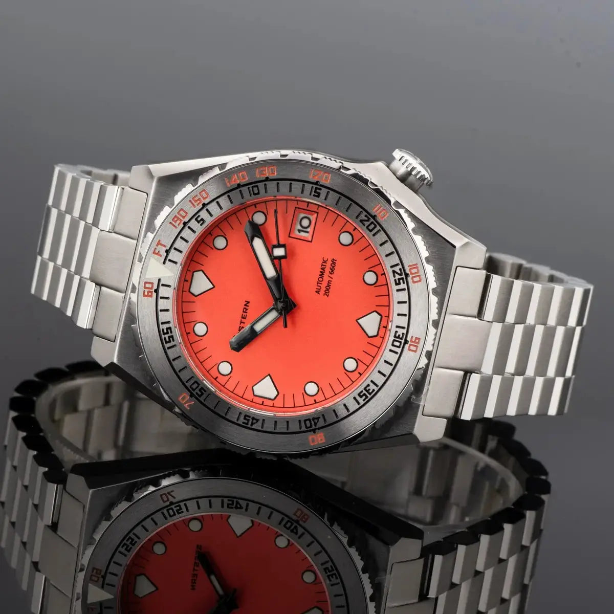 SEESTERN Sub600T V3 automatic diver watch with orange dial, stainless steel bracelet, ceramic bezel
