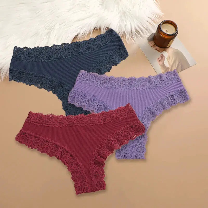 3-pack women's cotton lace panties with floral trim in navy, lavender and burgundy