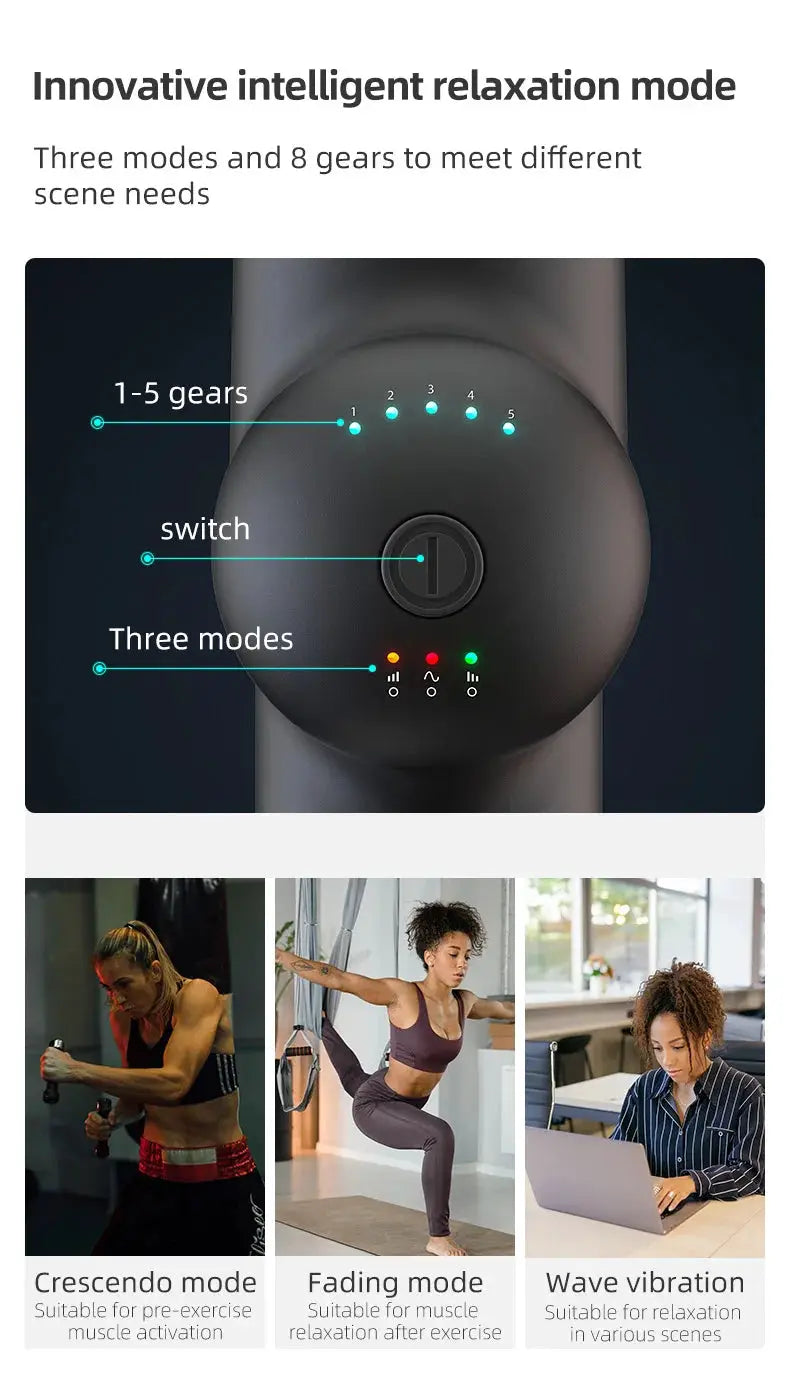 Booster massage gun neck massager by Simples Market, black handheld fascia gun with LED gear indicators and three modes