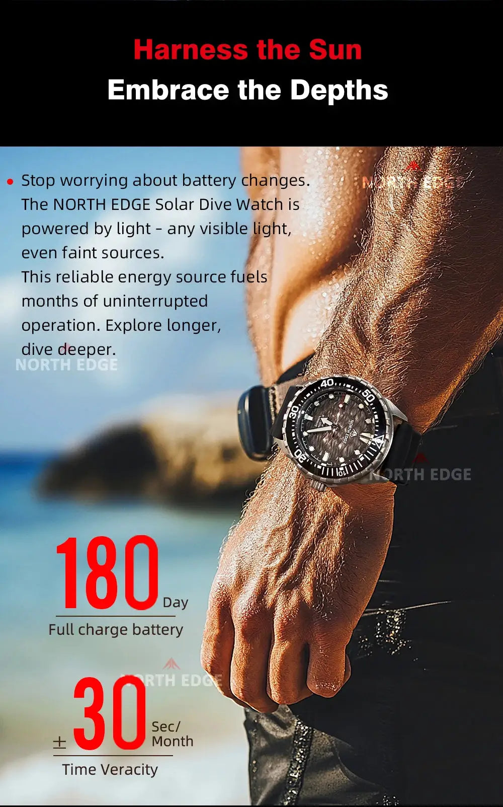 North Edge Triton-TI solar-powered diving watch, titanium stainless steel, 300m water resistant by Simples Market