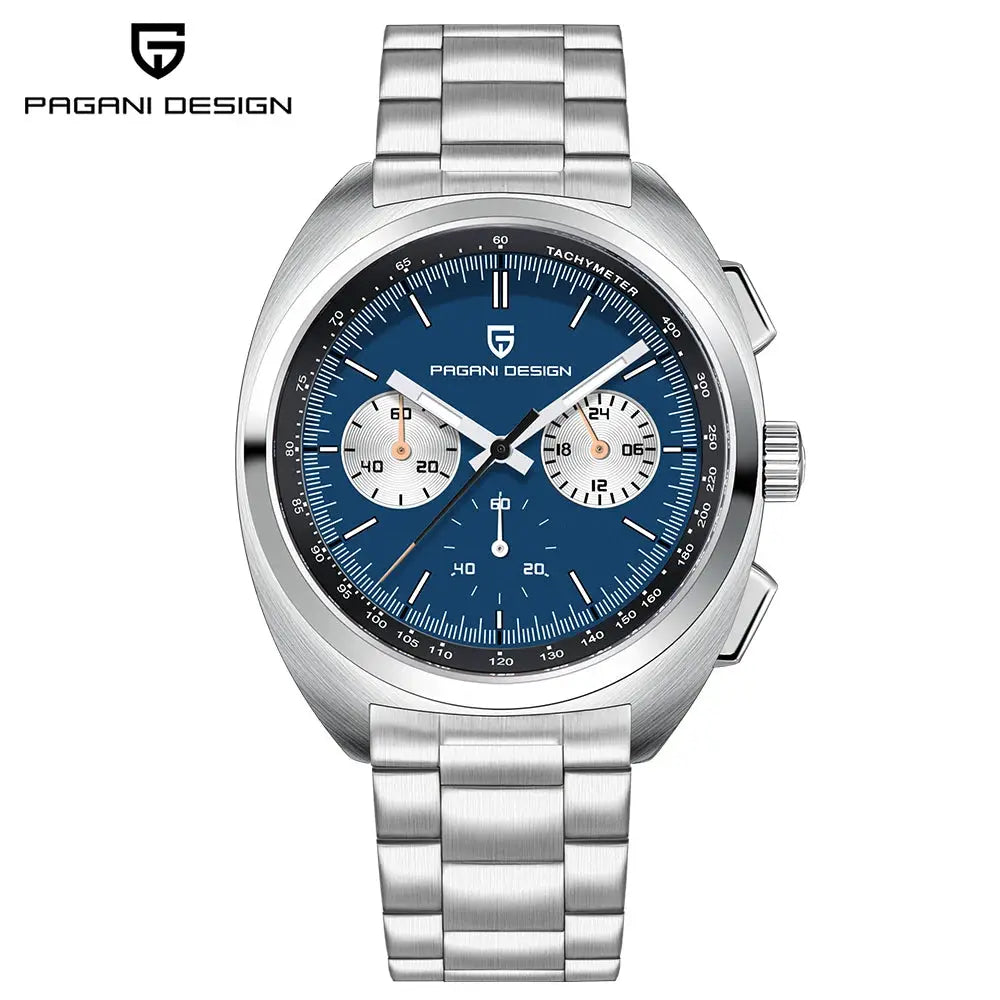 Pagani Design men's stainless steel chronograph watch with blue dial and tachymeter bezel.