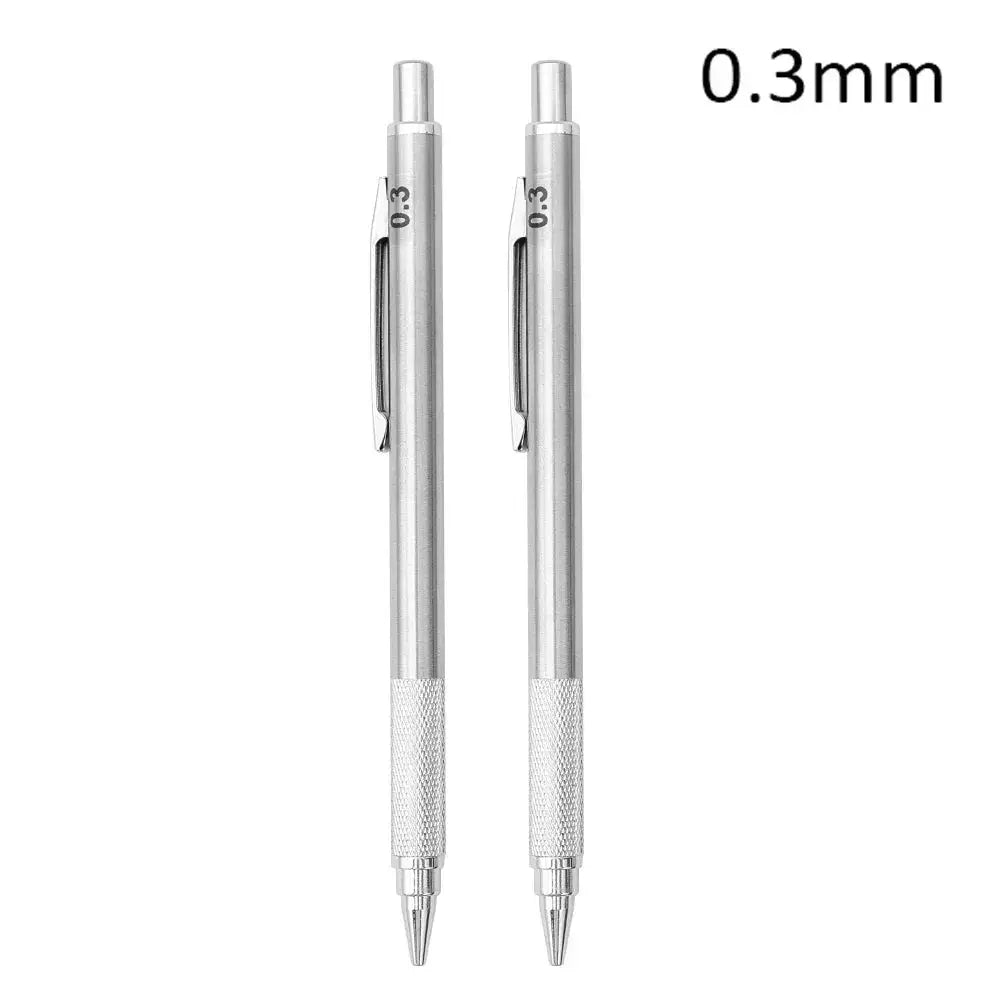Two silver metal mechanical pencils with knurled grips and 0.3mm lead.