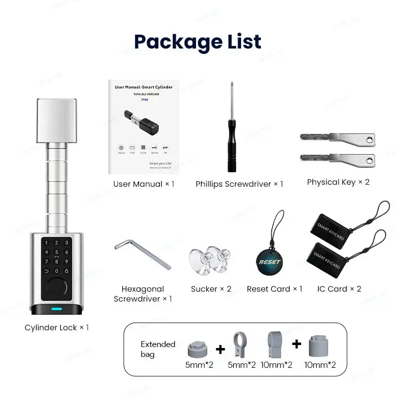 IP66 smart door lock by Simples Market: manual, two keys, two IC cards, two screwdrivers, suction cups, reset card.