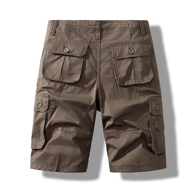 Men's brown cotton cargo shorts with button-flap back and side pockets.