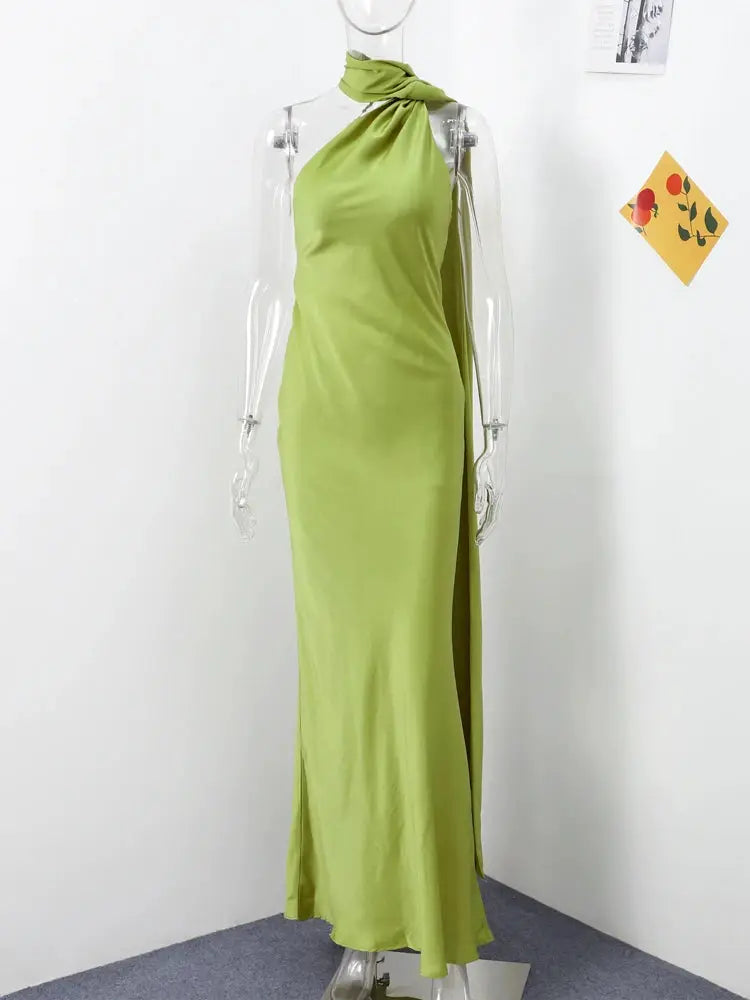 Elegant Ribbon Halter Dress Slim Fit Backless Maxi Off Shoulder Sleeveless Party Dress For Summer
