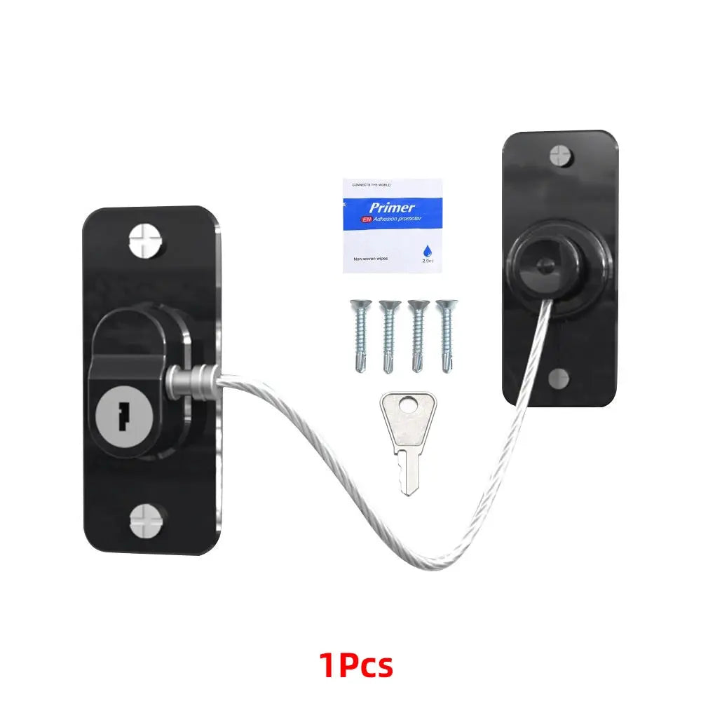 1 piece child safety window lock set with black metal mounting plates, steel cable, and key