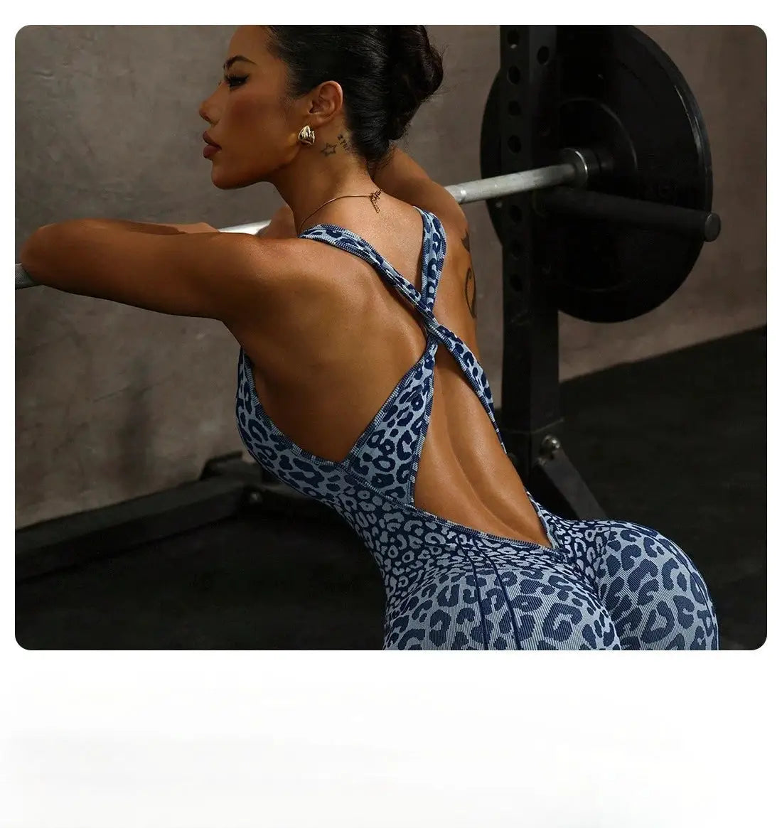 Women's blue leopard-print backless one-piece gym jumpsuit for fitness
