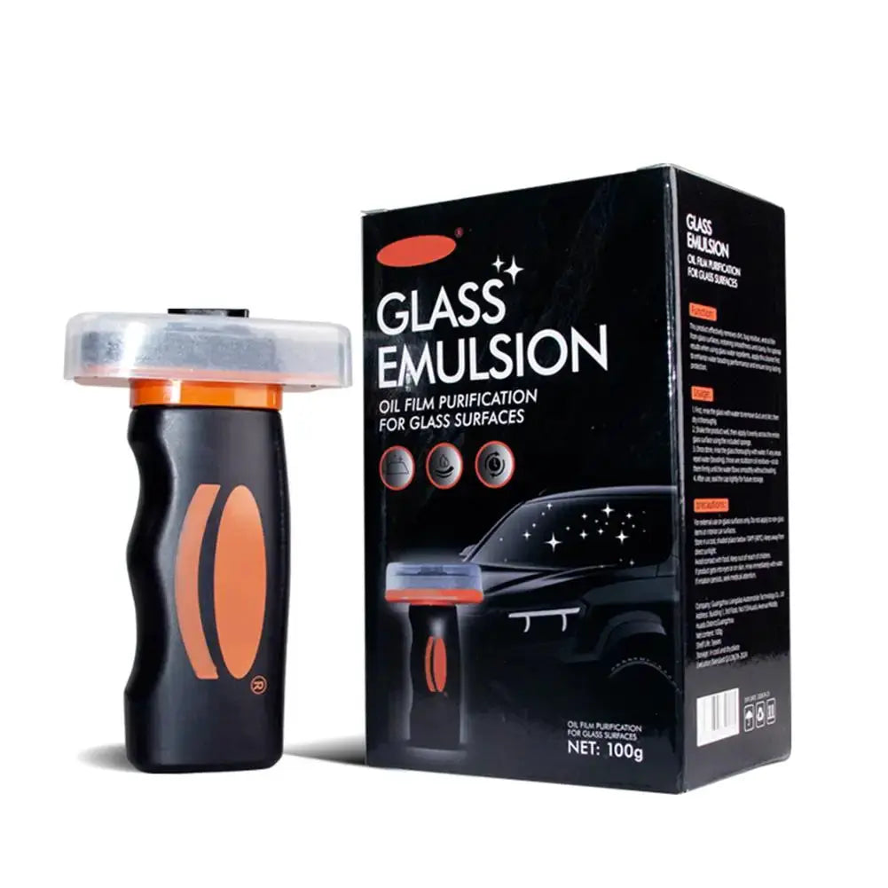 Glass Emulsion car glass cleaner gel; black bottle with orange accents beside the matching box.