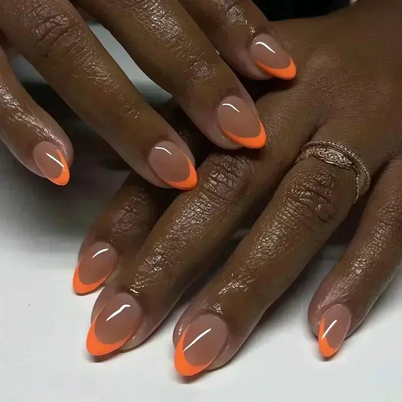 Glamora French Almond False Nails 24 Piece Press On Stiletto Tips With White Edge Design Glue Included For Wearable Glam